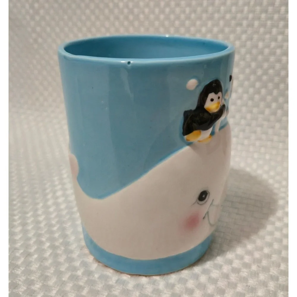 Penguin & Whale Ceramic Tumbler/Toothbrush Holder With 3D Design Blue & White